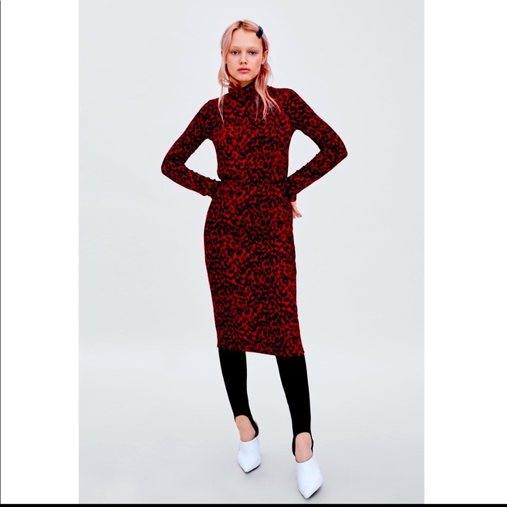 Zara Red Leopard Long Sleeve Turtleneck Dress